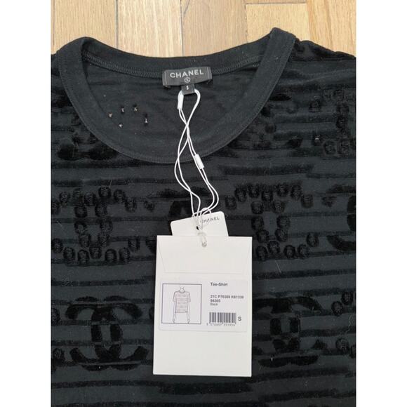 Chanel 21C Black Flocked Velvet CC Logo Top Short Sleeve Tee T Shirt S Small - Picture 5 of 16